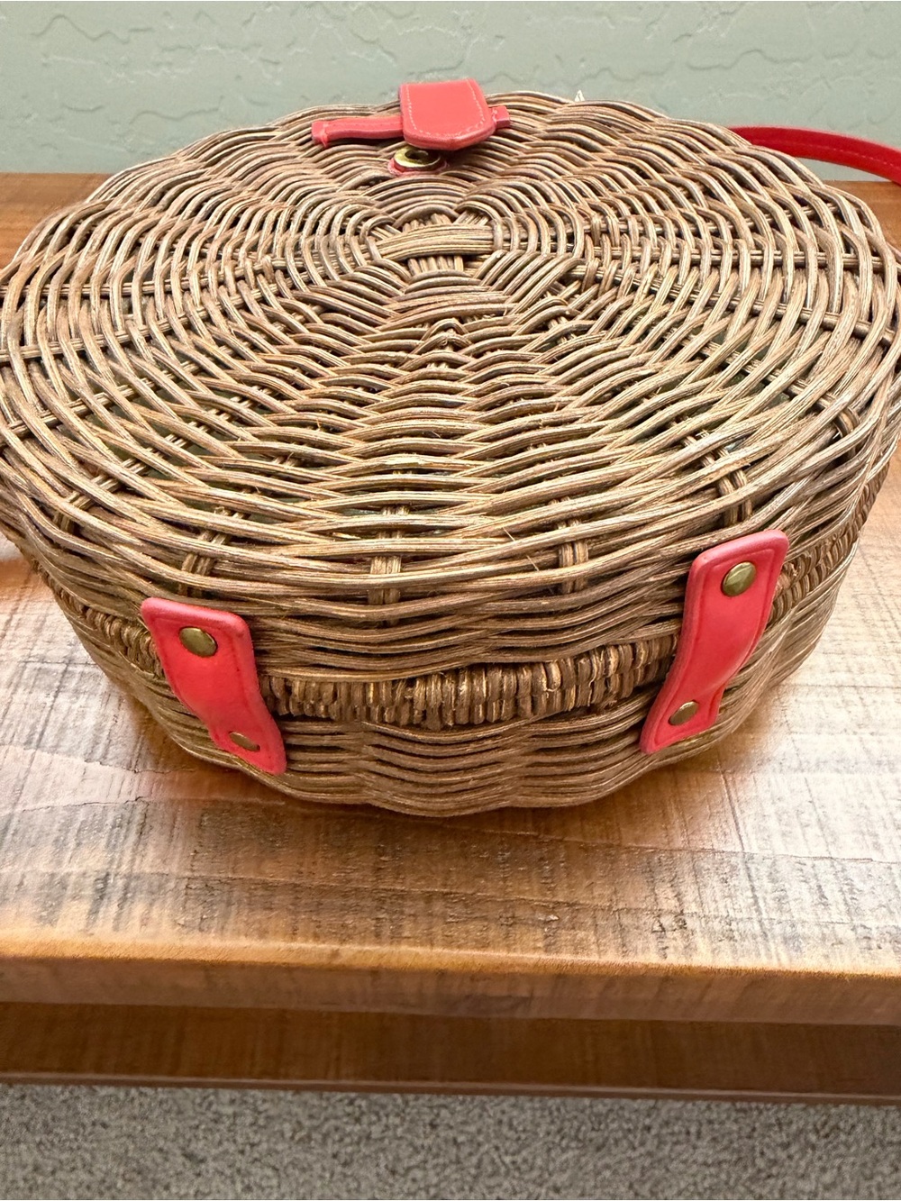 J Crew Woven Round Crossbody Bag with Red Trim - Picture 2 of 4